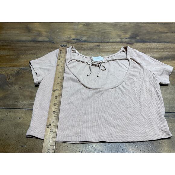 Lovers + Friends Revolve Tan Ribbed Crop Baby Tee Tie Front Size Small - Picture 5 of 8